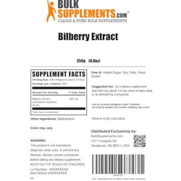 BulkSupplements.com Bilberry Extract Powder - Bilberry Fruit Extract, Bilberry Powder, Bilberry Supplement for Eyes - Glulten Free, 500mg per Serving, 250g (8.8 oz) (Pack of 1)