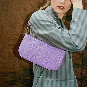 Small Handbag for Women Crocodile Effect Bag Retro Faux Leather Classic Clutch Shoulder Purse (Lilac)