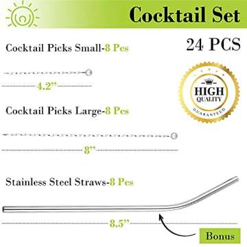 24 pcs Cocktail Picks and Straws Reusable Set - Polished Stainless Steel Skewers for Drinks Appetize...