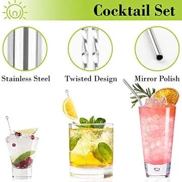 24 pcs Cocktail Picks and Straws Reusable Set - Polished Stainless Steel Skewers for Drinks Appetizers Martini Food Bar-16 Pcs Different Sized 8" and 4.25" Twisted Design Metal Pins-8 Pcs 8.5" Straws