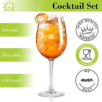 24 pcs Cocktail Picks and Straws Reusable Set - Polished Stainless Steel Skewers for Drinks Appetizers Martini Food Bar-16 Pcs Different Sized 8" and 4.25" Twisted Design Metal Pins-8 Pcs 8.5" Straws