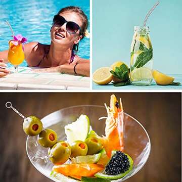 24 pcs Cocktail Picks and Straws Reusable Set - Polished Stainless Steel Skewers for Drinks Appetizers Martini Food Bar-16 Pcs Different Sized 8" and 4.25" Twisted Design Metal Pins-8 Pcs 8.5" Straws