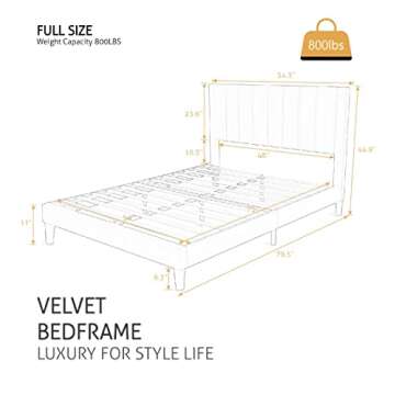 SHA CERLIN Full Bed Frame - Velvet Upholstered Platform Bed with Headboard & Strong Support