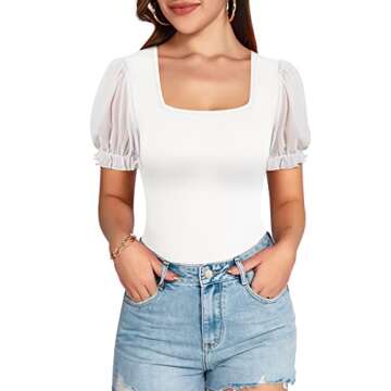 MANGOPOP Women's Bodysuit Sexy Square Neck Sheer Mesh Ruffle Puff Short Sleeve Slim Fit Blouse Body ...