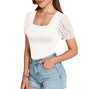 MANGOPOP Women's Bodysuit Sexy Square Neck Sheer Mesh Ruffle Puff Short Sleeve Slim Fit Blouse Body Suits Top Dressy Casual (White, Medium)