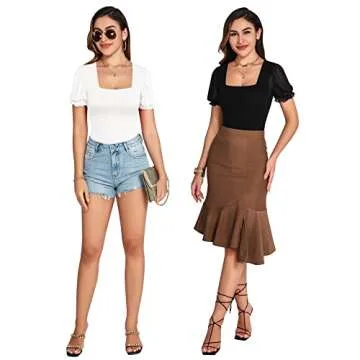 MANGOPOP Women's Bodysuit Sexy Square Neck Sheer Mesh Ruffle Puff Short Sleeve Slim Fit Blouse Body Suits Top Dressy Casual (White, Medium)