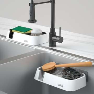 CRKIOB Sponge Holder for Kitchen Sink, Self-Draining Sink Caddy for Sponges, Scrubbers, Soap, Kitchen Sink Organizer Use on Countertop or Wall 8.9'' x 4.7'' x 1.6''(White, Black)