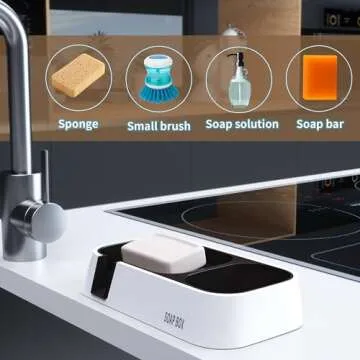 CRKIOB Sponge Holder for Kitchen Sink, Self-Draining Sink Caddy for Sponges, Scrubbers, Soap, Kitchen Sink Organizer Use on Countertop or Wall 8.9'' x 4.7'' x 1.6''(White, Black)