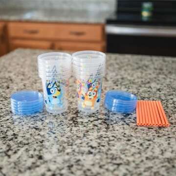 The First Years Bluey Take & Toss Toddler Straw Cups - Spill Proof Toddler Sippy Cups with Snap On Lids and Straws - Bluey Gifts and Bluey Party Supplies - 10 Oz - 10 Count