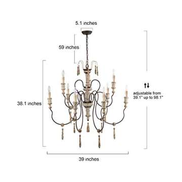 LALUZ Farmhouse Wood Chandeliers for Dining Rooms, 9-Light Distressed French Country Lighting, D39 H38