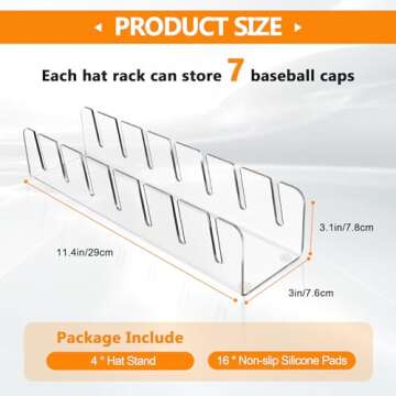 TAOceeXI Hat Stand for Baseball Caps Display Hat Holder Organizer，No Install Rack Acrylic Hat Storage for 28 Baseball Caps Closet Cowboy （4 Pack ）