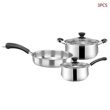TKUS 3pcsset Stainless Steel Cookware Set Flat Bottom Frying Pan Soup Pot Milk Pot Kit Induction Coo...