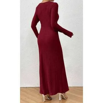 MITILLY Fall 2024 Women's Long Sleeve Maxi Dress Elegant Crewneck Bodycon Slim Fit Ruched Textured Formal Cocktail Dress Medium Wine Red