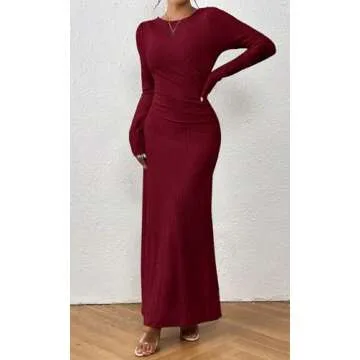 MITILLY Fall 2024 Women's Long Sleeve Maxi Dress Elegant Crewneck Bodycon Slim Fit Ruched Textured Formal Cocktail Dress Medium Wine Red