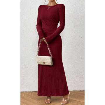 MITILLY Fall 2024 Women's Long Sleeve Maxi Dress Elegant Crewneck Bodycon Slim Fit Ruched Textured Formal Cocktail Dress Medium Wine Red