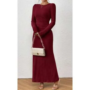 MITILLY Fall 2024 Women's Long Sleeve Maxi Dress Elegant Crewneck Bodycon Slim Fit Ruched Textured Formal Cocktail Dress Medium Wine Red