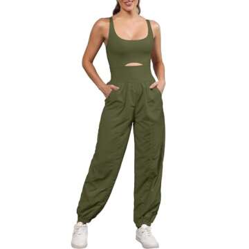 ReachMe Womens Workout Romper Running Onesie Gym Exercise Jumpsuits One Piece Climb Outfits Hiking Pants with Pockets(00 Army Green,M)