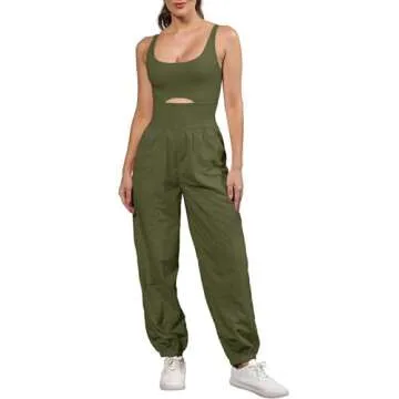 ReachMe Womens Workout Romper Running Onesie Gym Exercise Jumpsuits One Piece Climb Outfits Hiking Pants with Pockets(00 Army Green,M)
