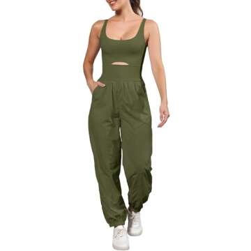 ReachMe Womens Workout Romper Running Onesie Gym Exercise Jumpsuits One Piece Climb Outfits Hiking Pants with Pockets(00 Army Green,M)