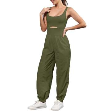 ReachMe Womens Workout Romper Running Onesie Gym Exercise Jumpsuits One Piece Climb Outfits Hiking Pants with Pockets(00 Army Green,M)