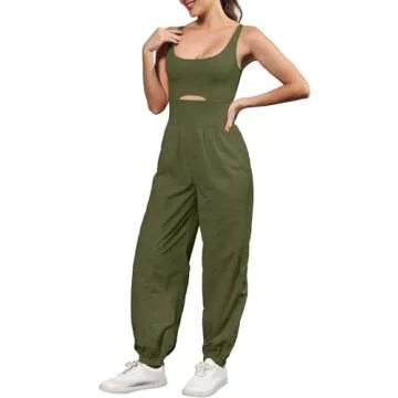ReachMe Womens Workout Romper Running Onesie Gym Exercise Jumpsuits One Piece Climb Outfits Hiking Pants with Pockets(00 Army Green,M)