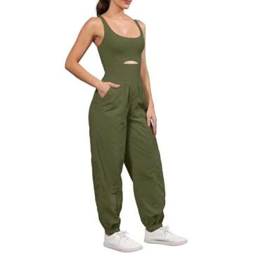 ReachMe Womens Workout Romper Running Onesie Gym Exercise Jumpsuits One Piece Climb Outfits Hiking Pants with Pockets(00 Army Green,M)