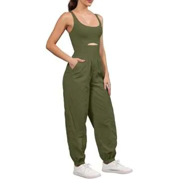 ReachMe Womens Workout Romper Running Onesie Gym Exercise Jumpsuits One Piece Climb Outfits Hiking Pants with Pockets(00 Army Green,M)