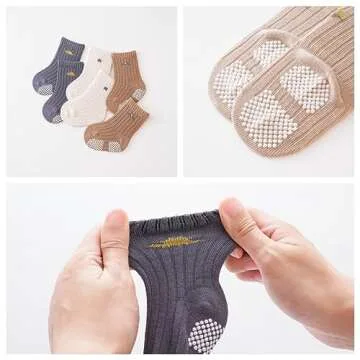 J Poqobog Baby Crew Socks,Grips Combed Cotton Socks Toddler Non-Skid for Girls,Boys Non Slip/Anti Skid 9-Pack (2-3T, Boys - 9 Pairs)