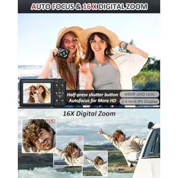 Digital Camera - 4K 44MP UHD Digital Cameras for Photography - Autofocus Point and Shoot Vlogging Camera with 16X Zoom, 32GB SD Card, 2 Batteries - Compact Small Cameras for Kids Teens Boys Girls