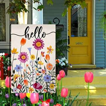 Hello Spring Floral Garden Flag 12x18 Vertical Double Sided Colorful Flowers Summer Farmhouse Holiday Outside Decorations Burlap Yard Flag BW257