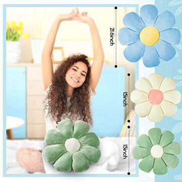 Yulejo 3 Pcs Daisy Flower Shaped Throw Pillow Cute Floor Cushion Seating Flower Pillow Daisy Room Decor Flower Floor Pillow Cushion for Reading (Blue, Green, White,15/15/ 21.6 in)