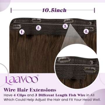 LaaVoo Human Hair Extensions - Invisible Wire, Real Human Hair for Women #4 Natural Brown Straight 16 Inch 80g