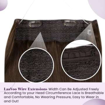 LaaVoo Human Hair Extensions - Invisible Wire, Real Human Hair for Women #4 Natural Brown Straight 16 Inch 80g