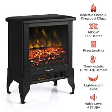 TURBRO Suburbs TS17 Compact Electric Fireplace Stove, 18” Freestanding Stove Heater with Realistic Flame - CSA Certified - Overheating Safety Protection - for Small Spaces - 1400W