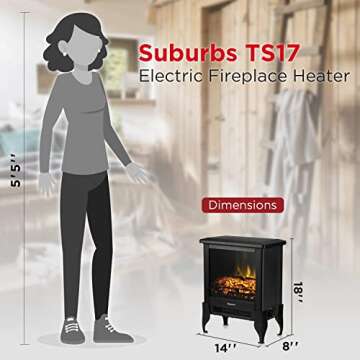 TURBRO Suburbs TS17 Compact Electric Fireplace Stove, 18” Freestanding Stove Heater with Realistic Flame - CSA Certified - Overheating Safety Protection - for Small Spaces - 1400W