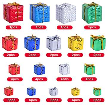 60 PCS Christmas Shiny Mini Boxes Ornaments-4 Size Assorted Colors Metallic Foil Wrapped Ornaments Decoration Boxes for Christmas Tree Hanging Decorations (60PCS-Mixed)