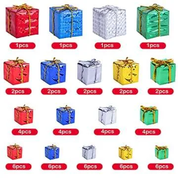 60 PCS Christmas Shiny Mini Boxes Ornaments-4 Size Assorted Colors Metallic Foil Wrapped Ornaments Decoration Boxes for Christmas Tree Hanging Decorations (60PCS-Mixed)
