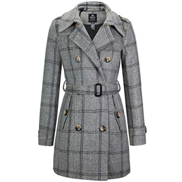 Wantdo Women's Stylish Plaid Peacoat - Double Breasted Trench Coat