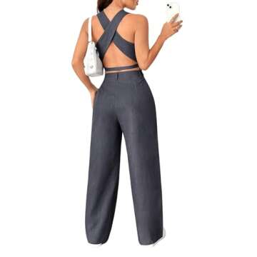 SweatyRocks Women's 2 Piece Solid Sleeveless V Neck Cross Back Button Down Blazer and Pants Business...