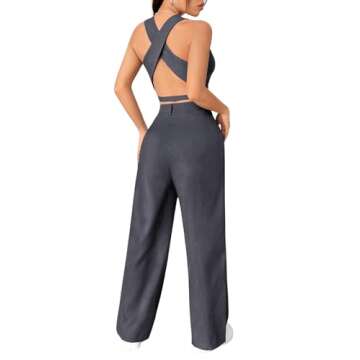 SweatyRocks Women's 2 Piece Solid Sleeveless V Neck Cross Back Button Down Blazer and Pants Business Office Suit Set Light Grey Medium