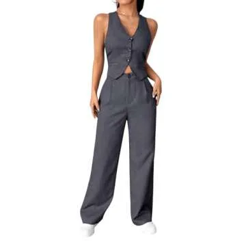 SweatyRocks Women's 2 Piece Solid Sleeveless V Neck Cross Back Button Down Blazer and Pants Business Office Suit Set Light Grey Medium