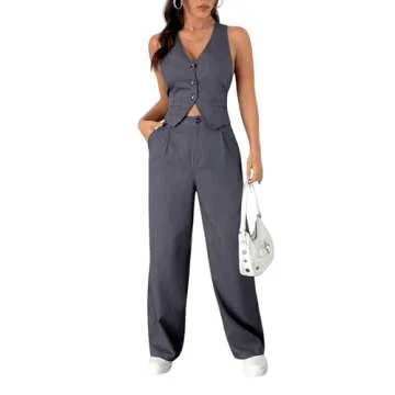 SweatyRocks Women's 2 Piece Solid Sleeveless V Neck Cross Back Button Down Blazer and Pants Business Office Suit Set Light Grey Medium