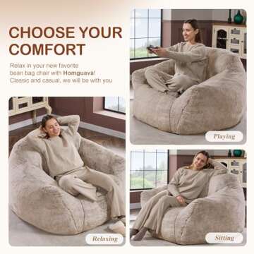 Homguava Bean Bag Chair Bean Bag Chairs for Adults Comfy Beanbag Giant Bean Bag Chair with Spacious Design Bean Bag Couch with Armrest Large Bean Bag Chair with Filler for Living Room Bedroom (Khaki)