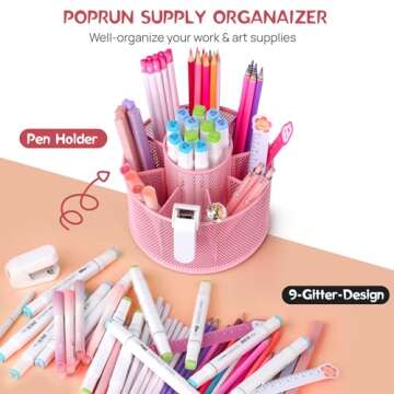 POPRUN Pink Supplies and Accessories for Desk,Cute Pen/Pencil Holder,Spinning Pen/Pencil Organizer,Rotating Pen Desk Organizer Caddy for Office,School Classroom and Art Supply for Christmas
