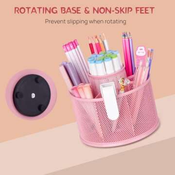 POPRUN Pink Supplies and Accessories for Desk,Cute Pen/Pencil Holder,Spinning Pen/Pencil Organizer,Rotating Pen Desk Organizer Caddy for Office,School Classroom and Art Supply for Christmas