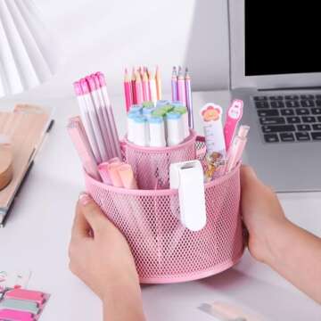 POPRUN Pink Supplies and Accessories for Desk,Cute Pen/Pencil Holder,Spinning Pen/Pencil Organizer,Rotating Pen Desk Organizer Caddy for Office,School Classroom and Art Supply for Christmas