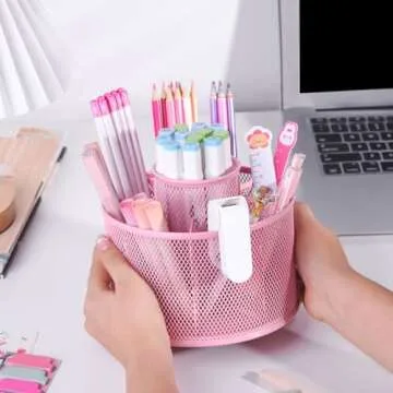POPRUN Pink Supplies and Accessories for Desk,Cute Pen/Pencil Holder,Spinning Pen/Pencil Organizer,Rotating Pen Desk Organizer Caddy for Office,School Classroom and Art Supply for Christmas