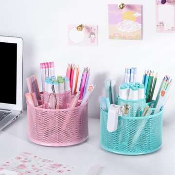 POPRUN Pink Supplies and Accessories for Desk,Cute Pen/Pencil Holder,Spinning Pen/Pencil Organizer,Rotating Pen Desk Organizer Caddy for Office,School Classroom and Art Supply for Christmas