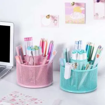 POPRUN Pink Supplies and Accessories for Desk,Cute Pen/Pencil Holder,Spinning Pen/Pencil Organizer,Rotating Pen Desk Organizer Caddy for Office,School Classroom and Art Supply for Christmas