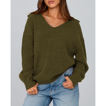 BTFBM Women's 2024 Fall Winter Sweaters Long Sleeve V Neck Lapel Collar Casual Pullover Oversized Knitted Jumper Tops